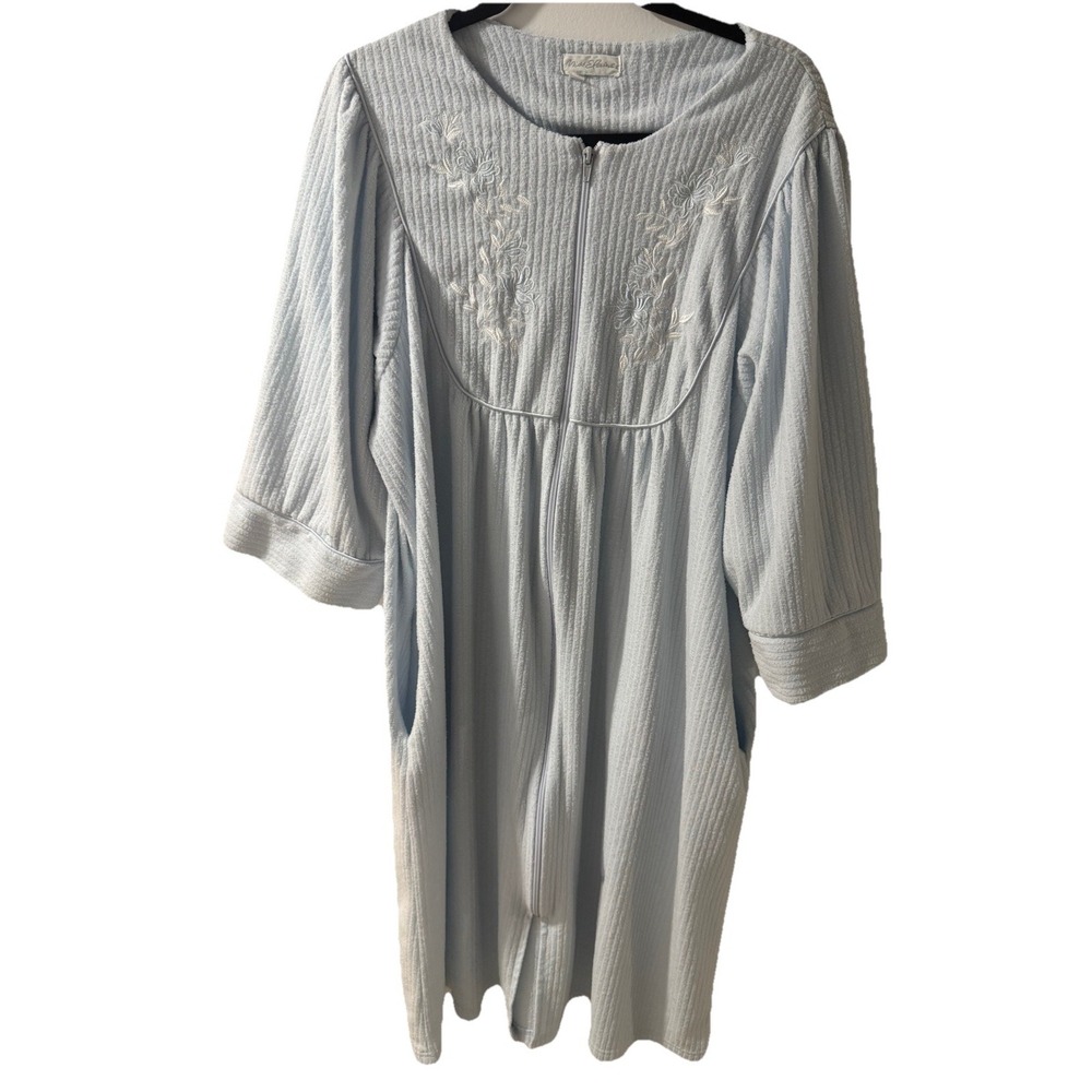 MISS ELAINE Embroidered Blue Long Fleece Puff 3/4 Sleeve Bathrobe Full Zip XL